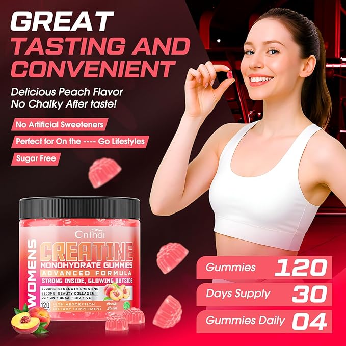 Creatine Gummies for Women, Sugar-Free Creatine Monohydrate with Collagen, BCAAs, Vitamin C & B12 for Muscles, Energy & Booty, Post Workout Supplements and Vegan Preworkout Gummies for Women