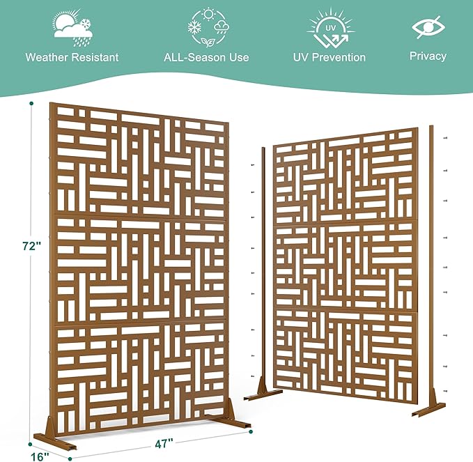 Metal Privacy Screen for Outdoor & Indoor Use, Free Standing Privacy Screen for Patio Garden Pool, 72" H x 47" W Decoative Privacy Panels, Weather Resistant, Easy Assembly (Brown Helen Street)