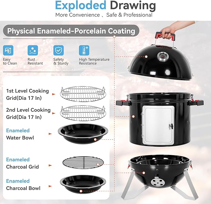 GREEN PARTY 18" Vertical Charcoal Smoker Grill Bullet Water Smoker Barbeque Grill, Outdoor BBQ Smokers Portable Meat Smoker Grill for Deck Patio Backyard Balcony Parties