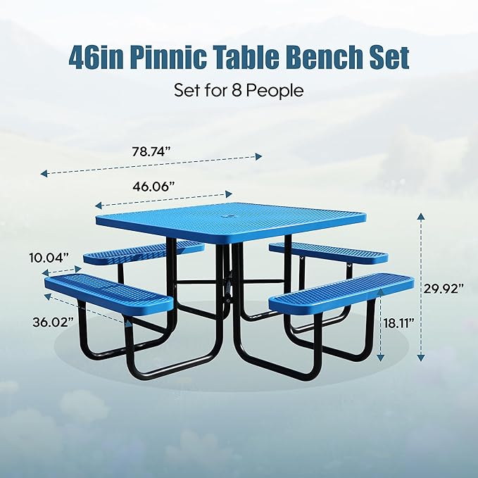 46'' Square Picnic Table for Outdoors, Commercial Steel Metal Picnic Tables, Heavy Duty Sturdy Picnic Tables Furniture Set for Patio Garden Courtyard BBQ, with Umbrella Hole, Blue