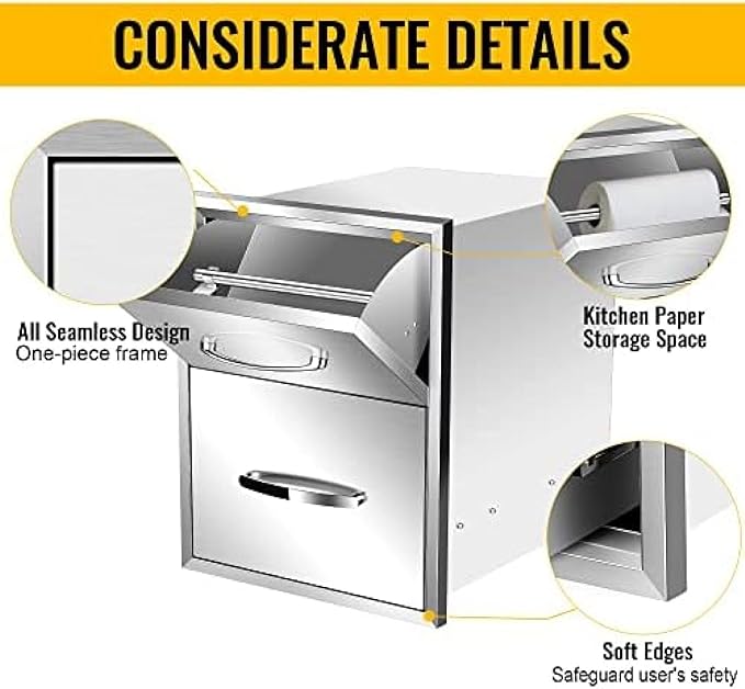 BBQ Outdoor Kitchen Drawers Stainless Steel 3-Drawer BBQ Drawer Enclosed Built-in Drawer Flush Mount for Outdoor Kitchens & BBQ Islands,16Wx20Dx20H