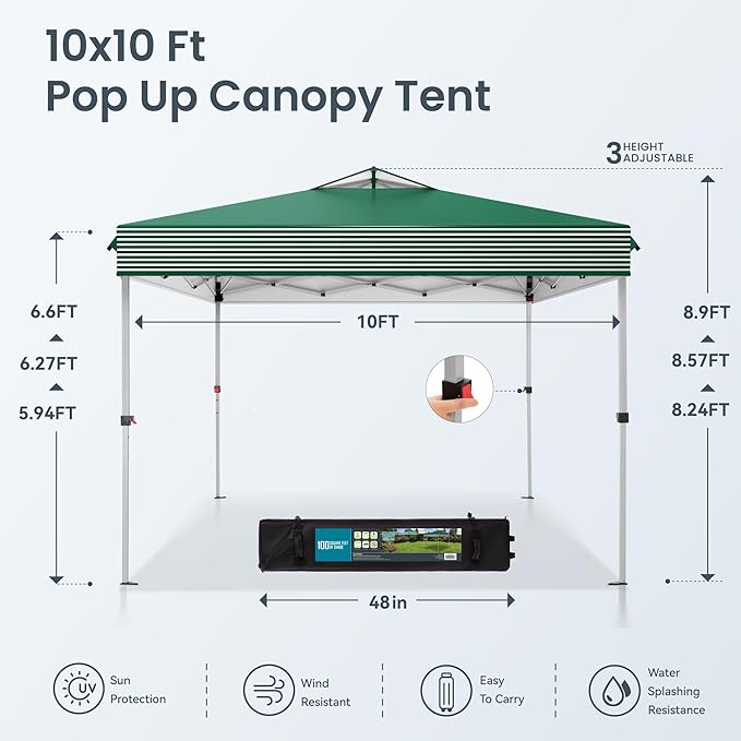 PHI VILLA Pop Up Canopy 10 10 Tents for Parties with Wheeled Bag, Portable Lightweight Folding w/Adjustable Height,Green and White Stripes?Green Stripe