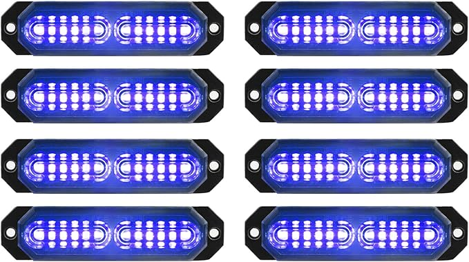 ASPL 8pcs Sync Feature Ultra Slim 12-LED Surface Mount Flashing Strobe Lights for Truck Car Vehicle LED Mini Grille Light Head Emergency Beacon Hazard Warning Lights (Blue)