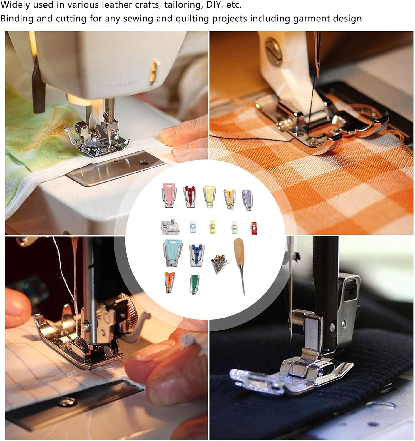 Asixxsix Bias Tape Maker Kit, 9 Sizes Bias Tape Maker with 4Pcs Sewing Clips, Awl, Snap on Binding Foot, Ball Point Pins, Bias Tape Maker Machine for Fabric Sewing and Quilting