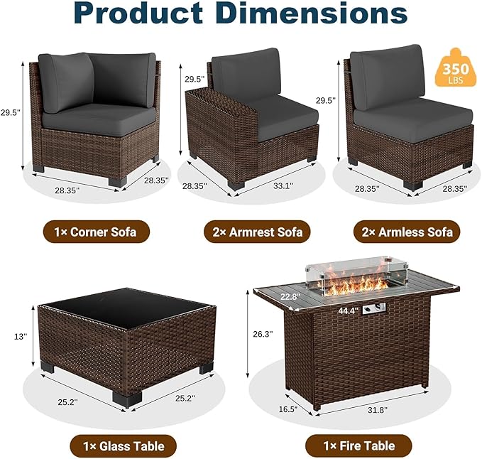 Patio Furniture Set with Fire Pit Table, 7 Piece Outdoor Sectional Conversation Sets Wicker Rattan Sectional Sofa with Coffee Table for Patio Garden Backyard, 4'' Thickened Cushion Dark Grey