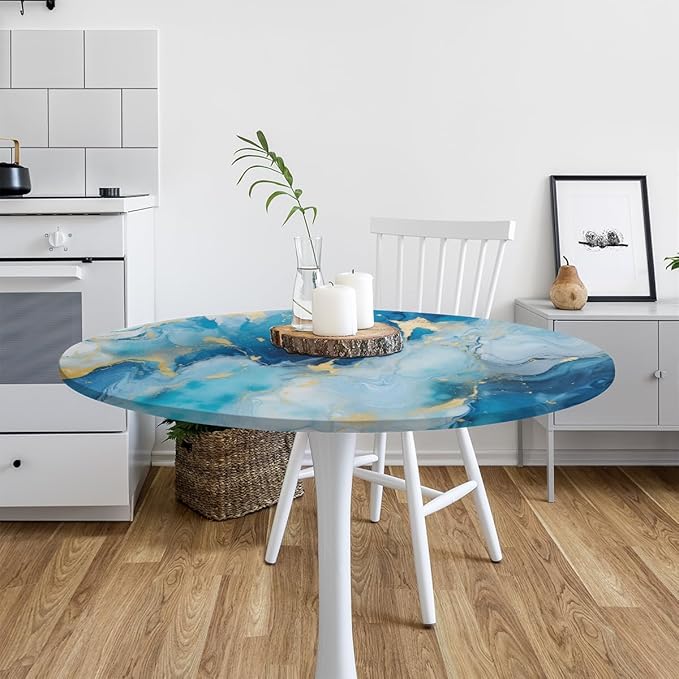 Marble Pattern Ink Blue Round Table Cloth Cover, Elastic Edge Waterproof Wipeable Tablecloths 36"-42" Polyester Tablecloth for Party Restaurant Banquet Holiday Camping Outdoor Picnic