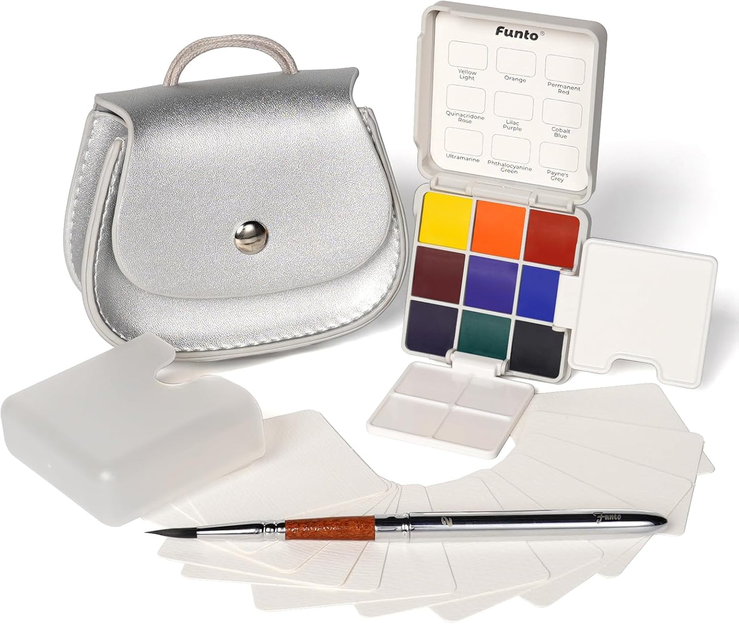 Funto Pocket Watercolor Set, Travel Color Kit, with 9 Colors, Leather Bag, Paint Water Cup, Foldable Palettes, and Mini Watercolor Papers, Set for Art