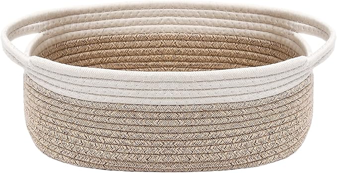 Woven Basket,Small Rope Storage Bin with Handles & Ribbon Bag, Organizer for Shelves Closets,Gift Basket Empty for Birthday,Books,Dog Toys, White&Oatmeal