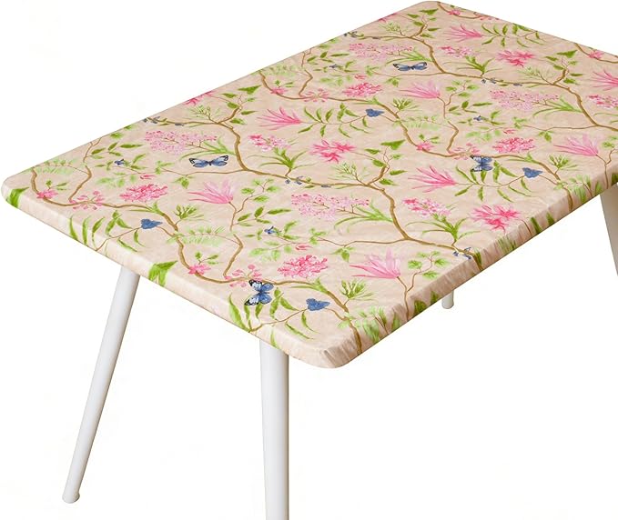 Rectangle Picnic Table Cloth, Elastic Waterproof Fitted Vinyl Tablecloths for 5 Foot Tables, Wipeable Flannel Backed Table Covers for Dining, Camping, Outdoor(Pink Flower,30"x60")