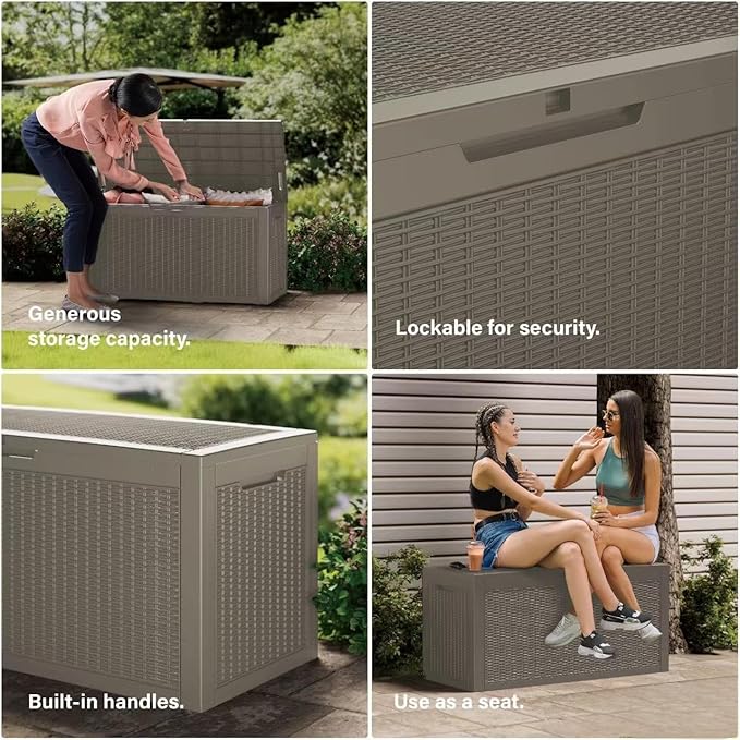 80 Gallon Resin Deck Box, Waterproof Outdoor Storage Box for Patio Furniture, Garden Tools, and Pool Accessories, Lockable UV-Resistant Storage Bin Bench Cabinet for Outside, Grey