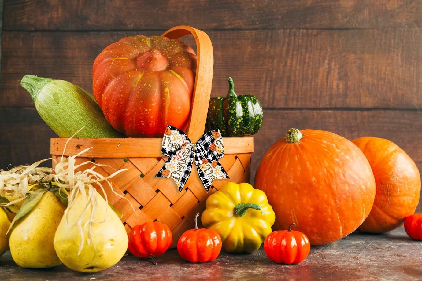 Threetols 2 Rolls 10 Yards Fall Wired Edge Ribbons, 2.5inch Black White Plaid Burlap Ribbon, Autumn Leaves Gnomes Pumpkin Ribbon for Thanksgiving Party DIY Craft Fall Wreath Bow Decor