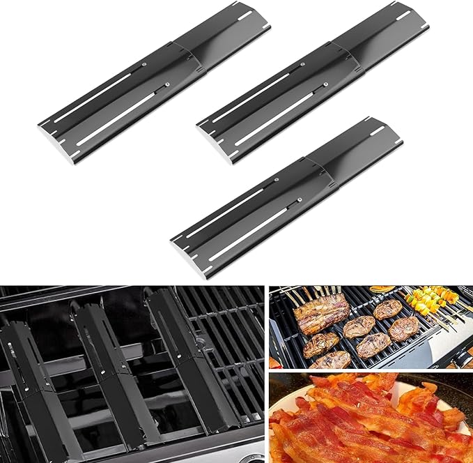 Universal replacement heavy duty adjustable heat plate shield,Burner cover,Flavorizer bar,heat Tent,Flamer tamer for gas grill models,Extends from 11.75"up to 21"L (Porcelain Steel, 3 Pack)