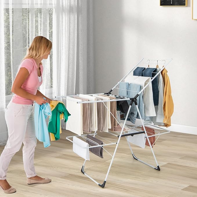 GOFLAME Clothes Drying Rack, 2-Tier Folding Laundry Drying Rack with Height-Adjustable Wings, 33 Drying Rails, Middle Sock Clips, Side Wave-shaped Bars, Freestanding Laundry Hanger, No Assembly Needed