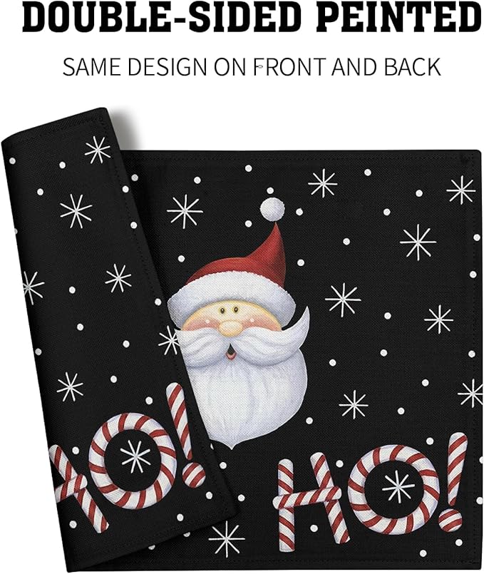 Giwawa Christmas Placemats Set of 4, Santa Claus Laugh Winter Snowflake Black Table Mat 12x18 Inch, Xmas Sweet Candy Cane Stick Heat Resistant Washable Place Mats for Dining Kitchen Holiday Decor