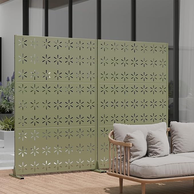 Casaphoria Metal Privacy Screen Outdoor, 72" H x 47" W Freestanding Decorative Privacy Screen for Patio Deck Balcony Garden with Stable Base, Light Green-Star