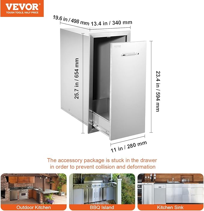 VEVOR Pull Out Trash Drawer 13.4"W x 25.7"H x 19.6"D Lower Sliding Rails Steel Roll Out Trash Bin Pull Out Tray Outdoor Kitchen Trash Drawer with Handle for BBQ Island Grill Station No Trash Can