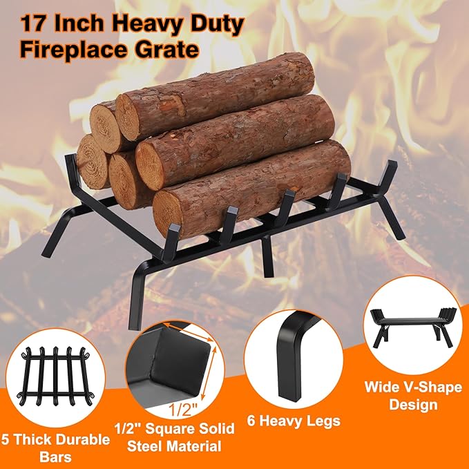 FEED GARDEN Small Fireplace Grate 17 inch Heavy Duty Fireplace Log Holder, 1/2" Solid Steel Bar Fire Pit Grate for Indoor Outdoor, Wood Stove Fireplace Accessories Wrought Iron Firewood Burning Rack
