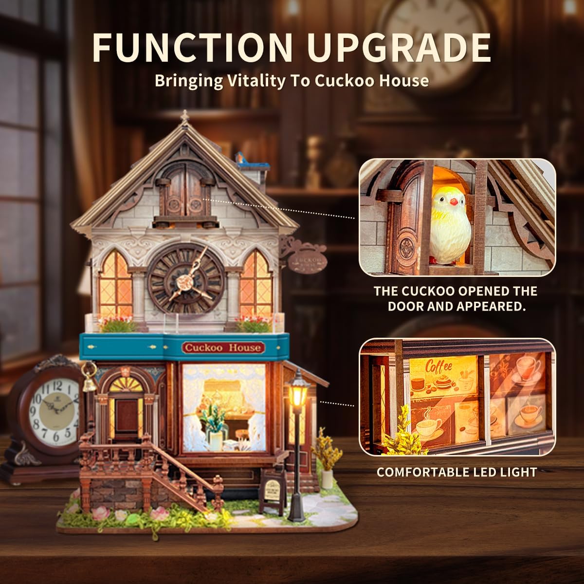 3D Wooden Puzzles - Miniature Cuckoo Clock House Kit, DIY Wooden Building Set for Adults and Teens, Mini Model Kit with 3-Mode Touch Switch - Cuckoo House (SQ-61)