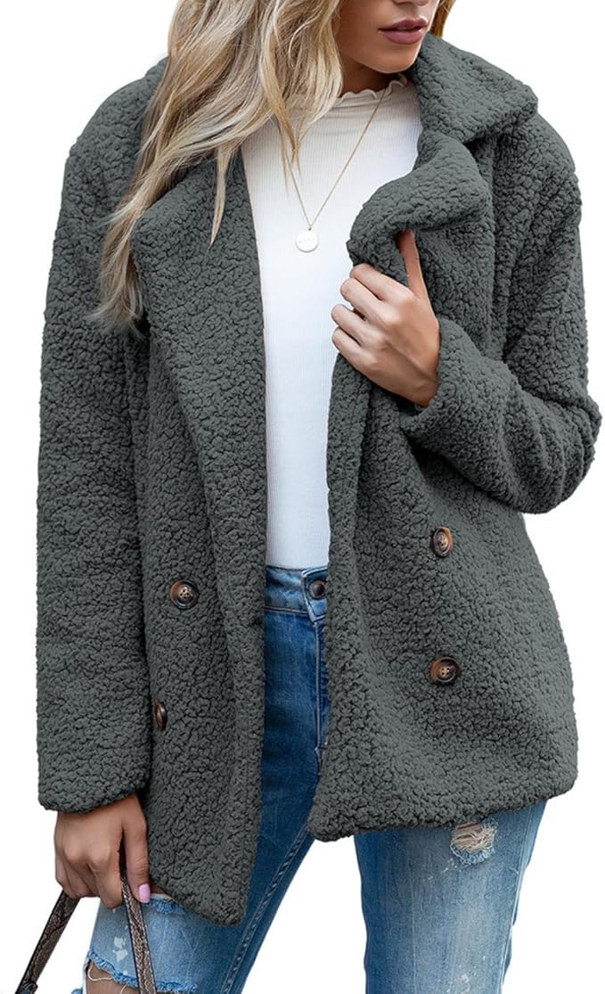 Women's Winter Warm Plush Cardigan Fuzzy Fleece Lapel Jacket with Buttons Pockets Long Sleeve Casual Outerwear