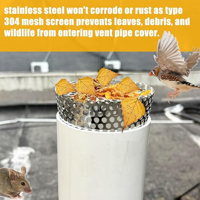 PVC Termination Cap Vent Cover, Stainless Steel Mesh Screen Vent Cover Slot for 3.55" to 4.13" ID Furnace and Roof Vent Pipe, Conical Vent Cap Rust preventing Leaves Debris, Birds Entering