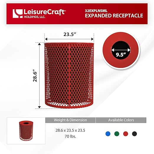 Leisure Craft Heavy-Duty 32 Gallon Receptacle, Portable, Liner Included, Made with Heavy-Gauge Metal and a Durable Thermoplastic Coating, Commercial Outdoor Park Receptacle, Made in The USA
