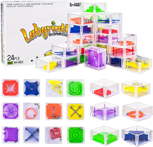 GOLDGE 24 Pcs Balance IQ Maze Game Toy Set - Mini 3D Brain Maze Puzzle Cubes in a Box. Fun Party Favor Games and Ideal Prizes for Kids and Adults (24 Pcs)