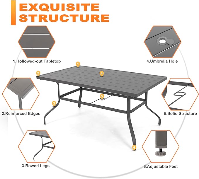 NUU GARDEN Outdoor 61" x 37" Rectangle Dining Table with 1.57" Umbrella Hole, 6-Person Steel Slat Outdoor Patio Table, for Patio, Garden, Backyard and Balcony, Gray