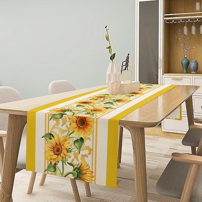 Yellow Sunflower Table Runner, Spring Summer Seasonal Floral Farmhouse Rustic Vintage Flower Print Table Cover for Home Kitchen Dining Table Decor Party, 13x90inch