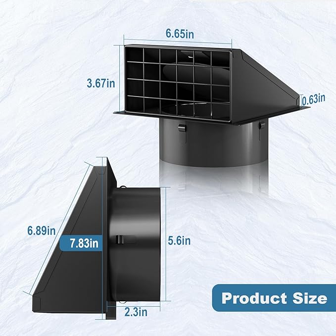 Hon&Guan Dryer Vent Cover Outside with Removable Mesh, Wall Mount Extractor Vent with Rubber Cushioned Non-Return Flap, High Quality Iron Outside Dryer Vent Cover for House (Black, 6 Inch)