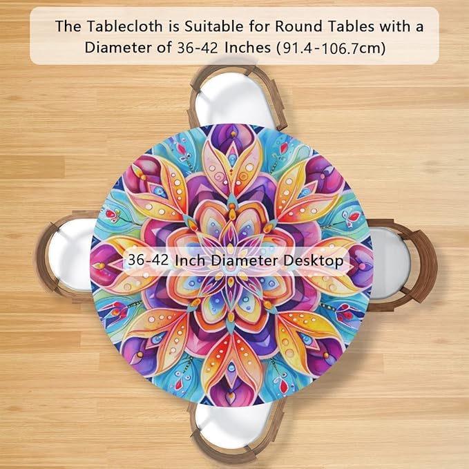 Floral Colorful Bright Vintage Round Table Cloth Cover, Elastic Edge Waterproof Wipeable Tablecloths 36"-42" Polyester Tablecloth for Party Restaurant Banquet Holiday Camping Outdoor Picnic
