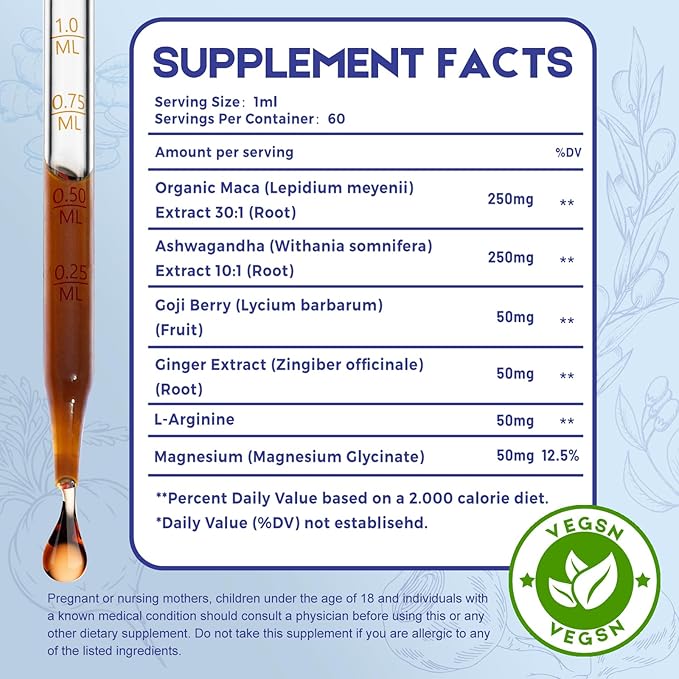 Maca Root Ashwagandha Liquid Drops - Maca and Ashwagandha Supplements with Goji Berry,Ginger Extract,L-Arginine and Magnesium Enhanced Energy 2 fl oz