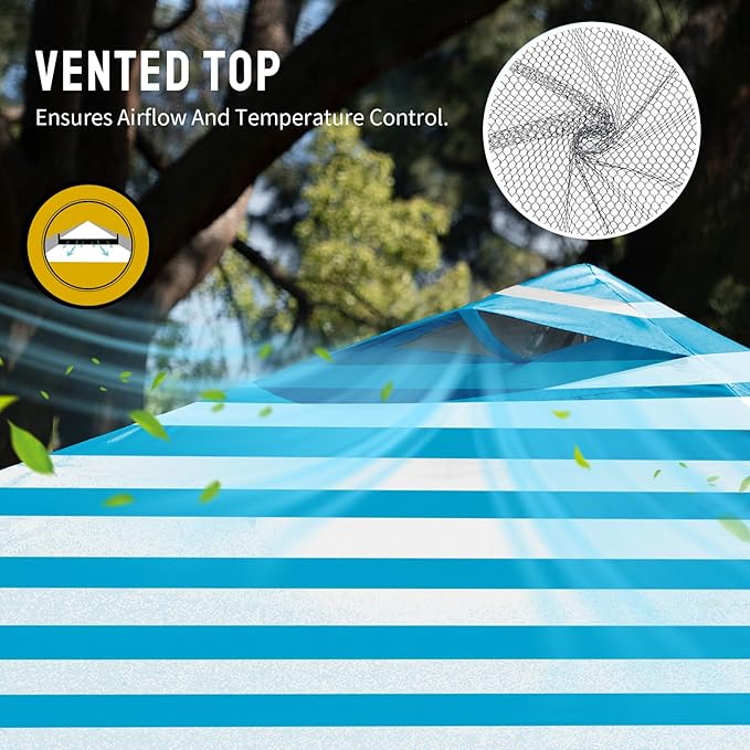 CROWN SHADES 10x10 Pop Up Canopy - Beach Tent with One Push Setup - Outdoor Sun Shade for Events, Parties, Camping - STO-N-Go Cover Bag, Silver Coated Top, 3 Height& 4 Sand Bags, Sky Blue Stripes