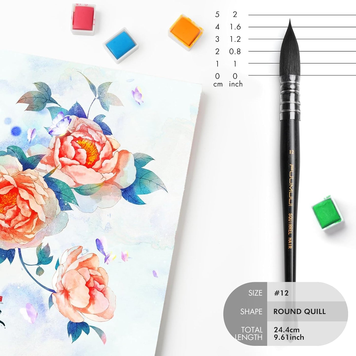 Professional Watercolor Brush, Fuumuui Natural Squirrel Hair Mop Brush, Round Quill Detail Fine Tip Watercolor Paint Brush for Water Color Gouache Ink Painting - Sizes #12