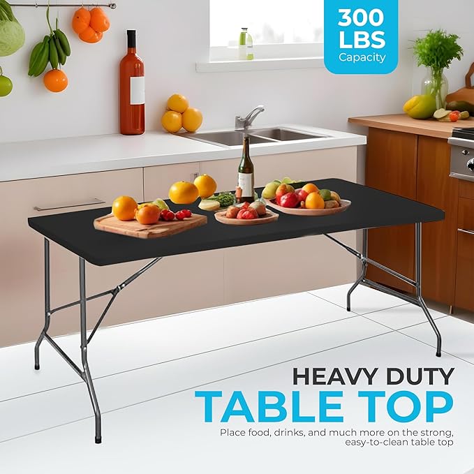 SIMPLI-Magic 8ft Portable Plastic Folding Table – Indoor & Outdoor Heavy-Duty Foldable Utility Table w/Handle for Party & Camping (Black)
