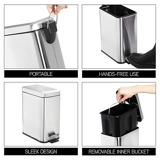 SIMPLEMADE Rectangle Step Trash Can - 5 Liter / 1.3 Gallon - Small with Lid, Stainless Steel for Bathroom | Office | Garbage | Metal Wastebasket (Steel)