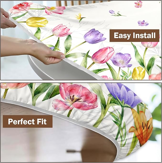 Spring Summer Easter Round Fitted Tablecloth with Elastic Edge Tulip Lavender Floral Circle Table Cloth for 36-40" Tables Wipeable Waterproof Farmhouse Flowers Table Cover for Picnic Dining Outdoor