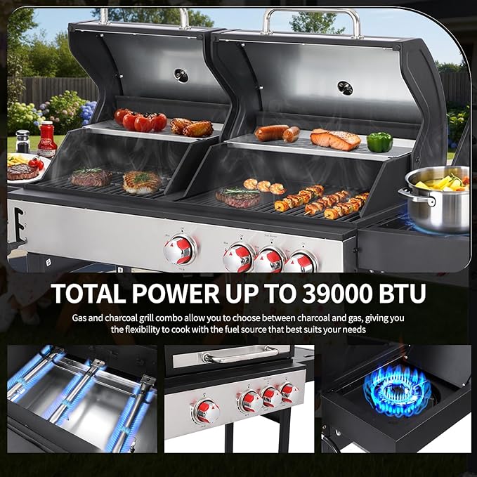 Propane Gas and Charcoal Grill Combo | Griddle Grill with Side Burner | BBQ Grills 2-in-1 | 41,500 BTU Output, 673 SQ IN Cooking Area Perfect for Outdoor Events & Backyard Barbecue