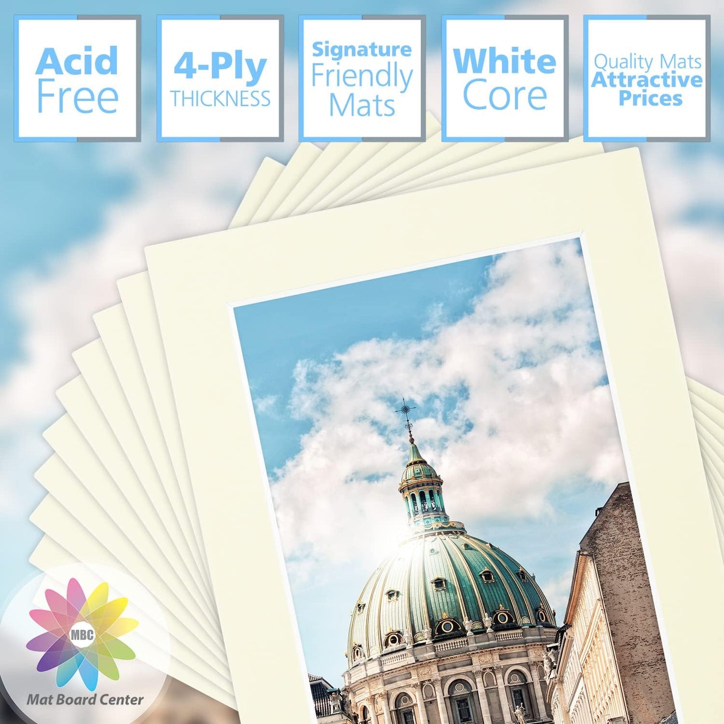 Mat Board Center, Pack of 10, 5x7 for 4x6 Ivory Color Mats - Bevel Cut, Acid Free, 4-ply Thickness, White Core - for Pictures, Photos, Framing