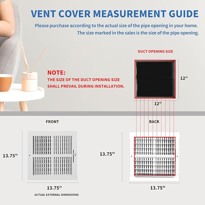12x12 Vent Register [Duct Opening], Vent Covers for Home Ceiling, Two-Way Ventilation Register, Adjustable Solid Steel Wall Register Vent Cover (12"W x 12"H [Duct Opening])