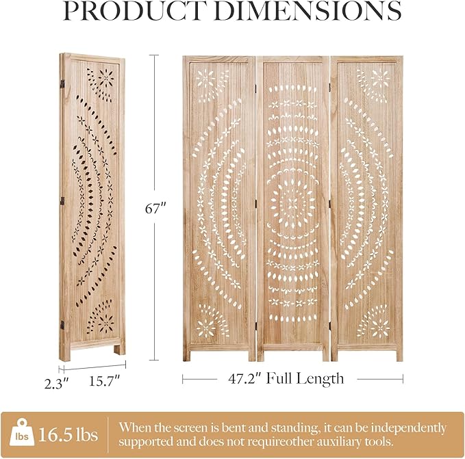 66.9Inch Folding Room Divider, 3 Panels Wood Carved Privacy Screens, Free Assembled Freestanding Partition for Home Office Restaurant Bedroom (Natural)