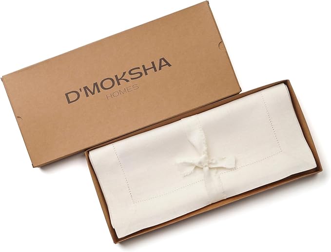 D'Moksha Homes Linen Ivory Table Runner 90 Inches Long - Classic Hemstitch 100% Pure Linen Dining Table Runner 14 x 90 Inch for Valentines, Spring, Easter