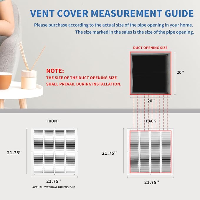 20x20 Return Air Grille (Duct Opening Size), Air Return Vent Cover, AC Vent Cover, Cold Air Return Vent Cover, Flat Return Air Grilles, Outer Dimensions:21.75"W x 21.75"H (20"W x 20"H, Duct Opening)