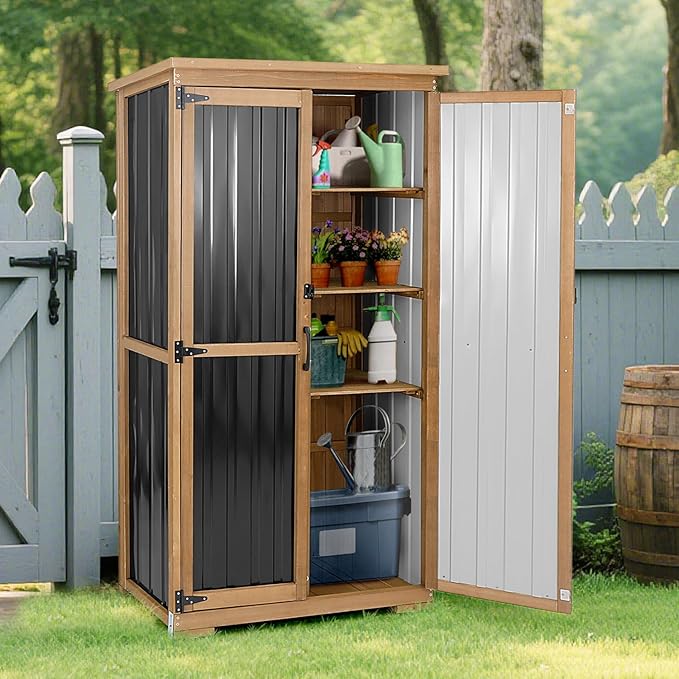 Outdoor Storage Cabinet, Wood & Metal Storage Shed with Weather-Resistant Roof, Removable Shelves, Lockable Doors, Outside Storage Tool Organizer for Garden, Patio, Backyard, Garage, Pool