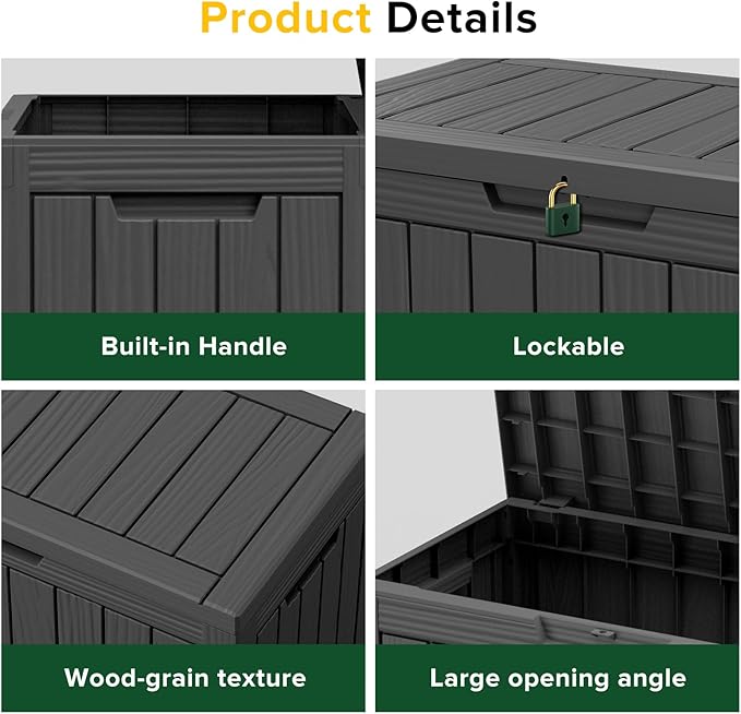 45 Gallon Resin Deck Box, Waterproof Outdoor Storage Box for Patio, Poolside, and Garden, Lockable UV-Resistant Storage Bin Bench Cabinet for Small Spaces, Black
