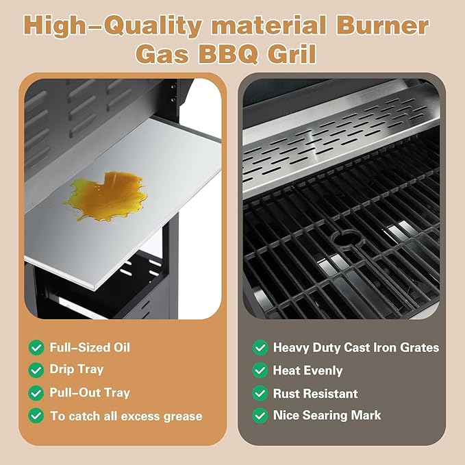 Endark 3-burner propane grill, 37,000 BTU with side-fire function. Stainless steel, enameled cast iron grate, thermometer, wheels. Perfect for patio and garden cooking