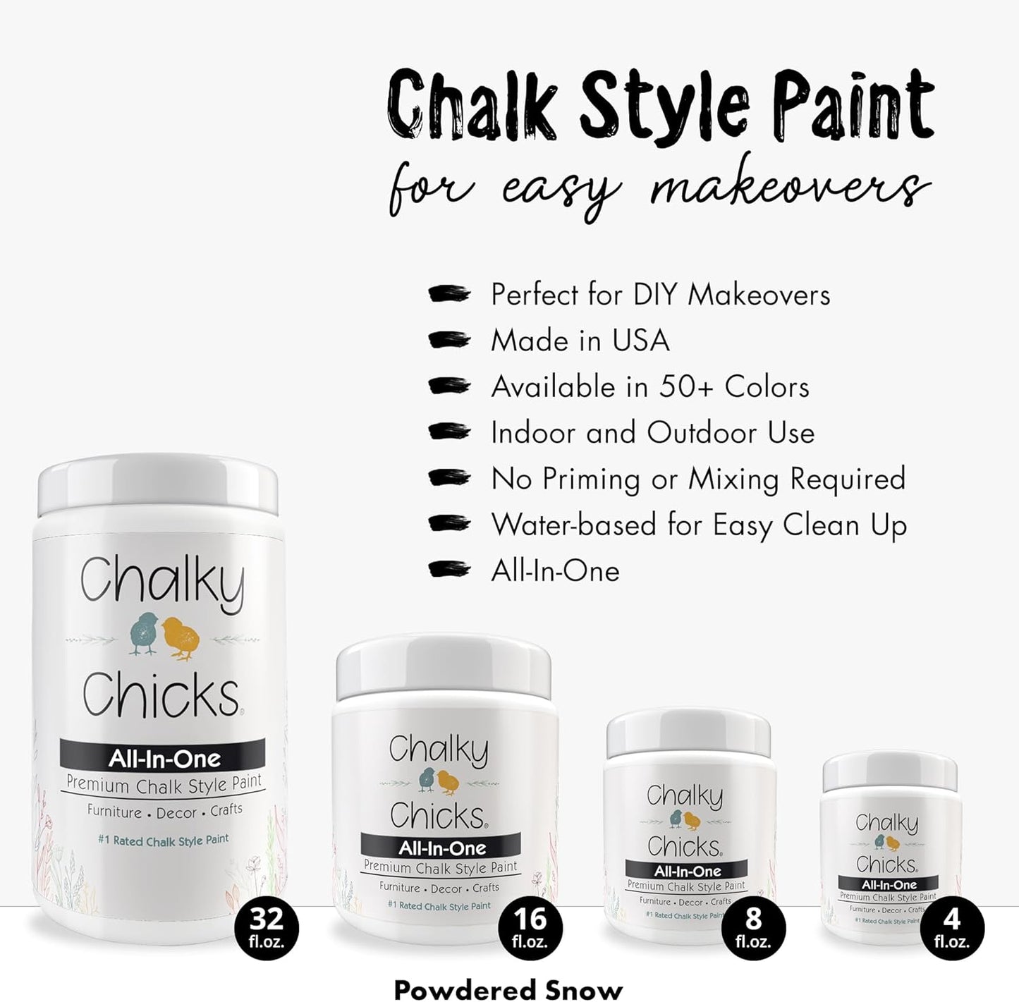 Chalky Chicks All-in-One Chalk Paint for Furniture or Cabinet -8Fl Oz- Matte Finish Powdered Snow (Pure White) for Metal, Wood Furniture Paint - No Sanding All-in-One for Home Decor & Crafts, USA Made