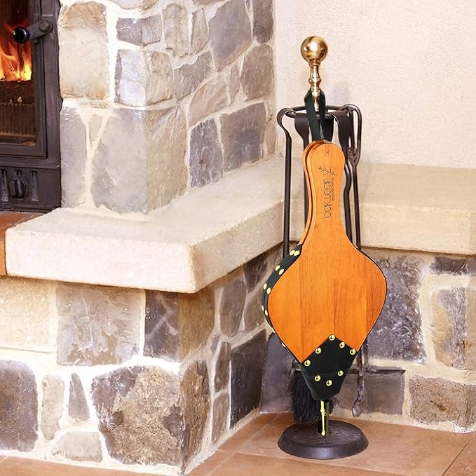 Oak Leaf Bellows, 19" x 8" Large Fire Bellow for Wood Stove BBQ Fireplace Fire Pit Indoor Outdoor Barbecue Camping, Wood Air Blower Hand Bellows with Hanging Strap Zinc Alloy Nozzle, Oak Wood