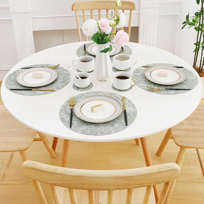 Homaxy Round Faux Leather Placemats and Coasters, Washable Dual-Side Table Mats, Wipeable Heat-Resistant Dining Place Mats for Outdoor and Indoor, Set of 6, Diameter 13 and 3.93 inch, Grass Green