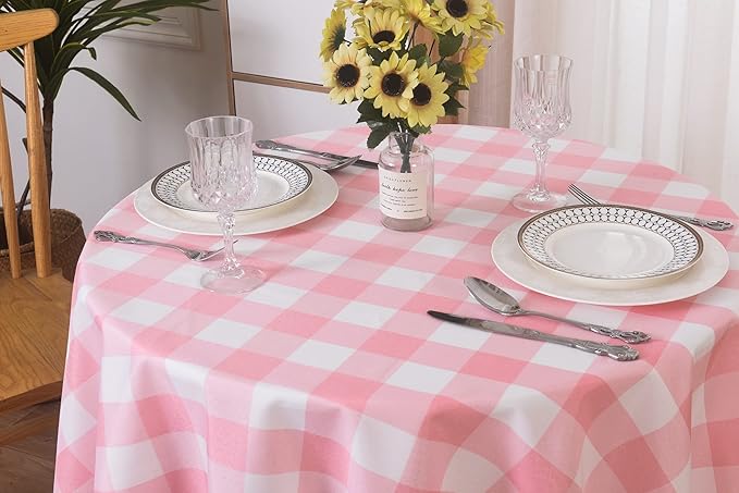 Cupuamon 2 Pack Waterproof Polyester Fabic Round Checkered Tablecloth，60 Outdoor Table Cloth，Oil Stain Prevention Table Cloth for Pinics and Parties（Pink and White）