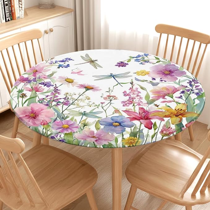 Spring Summer Floral Round Fitted Tablecloth with Elastic Wildflower Dragonfly Circle Table Cloth for 40-44" Tables Farmhouse Easter Flowers Stretch Waterproof Table Cover for Picnic Outdoor Dining